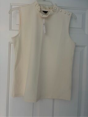 Ann Taylor Ivory Sleeveless Ruffle-Neck Top with Pearl Shoulder Buttons